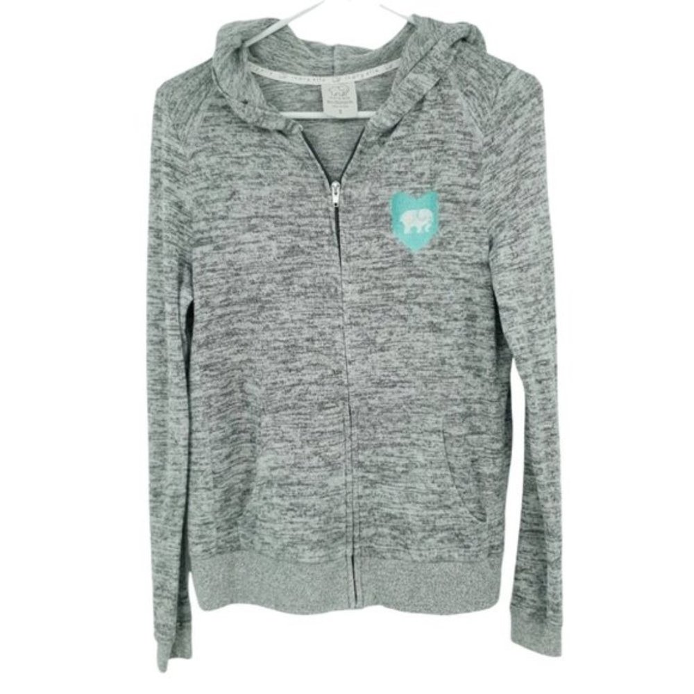 Ivory Ella Grey Soft Embroidered Elephant Heart Hooded Zip Sweater Small